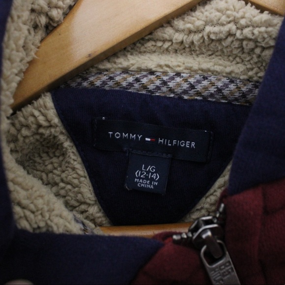TOMMY HILFIGER Full Zip Hoodie Elbow Patches Faux Sherpa Fur Lined Heavy 12/14 - Picture 14 of 16
